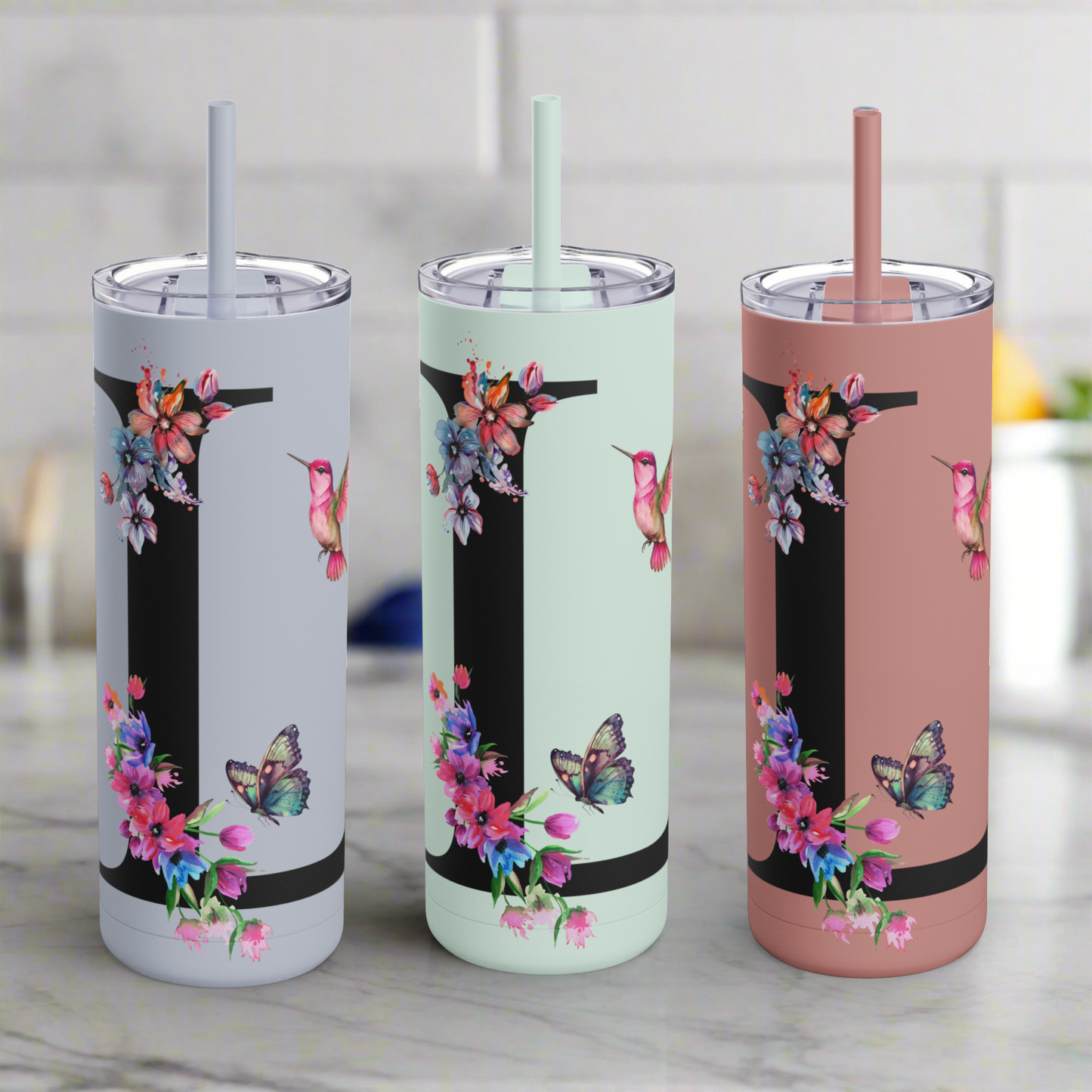 Monogram Floral Personalized Skinny Tumbler, 20oz with Hummingbird & Initial, Custom Drinkware, Gift for Her, Birthday, Bridal Shower, Summer
