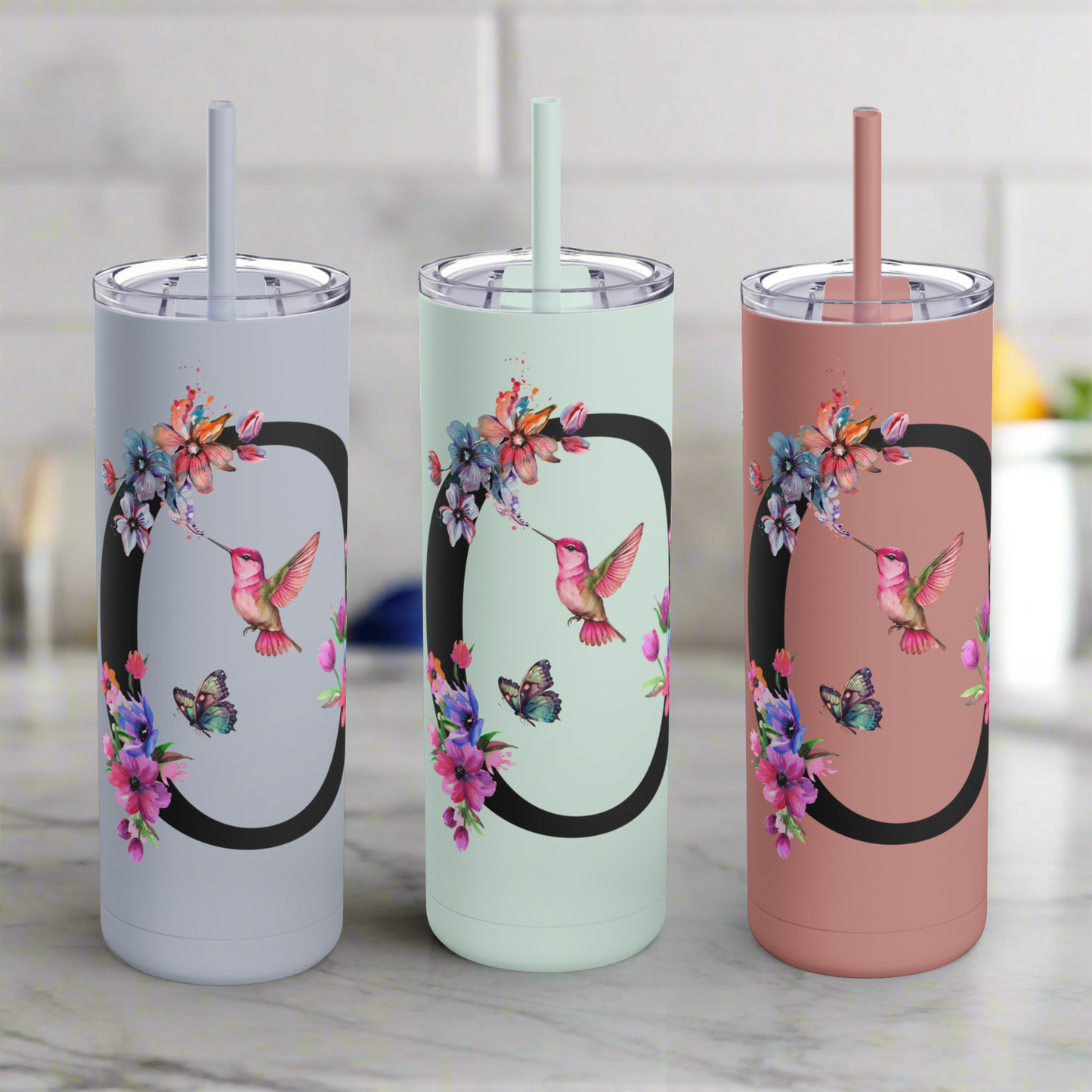 Monogram Floral Personalized Skinny Tumbler, 20oz with Hummingbird & Initial, Custom Drinkware, Gift for Her, Birthday, Bridal Shower, Summer