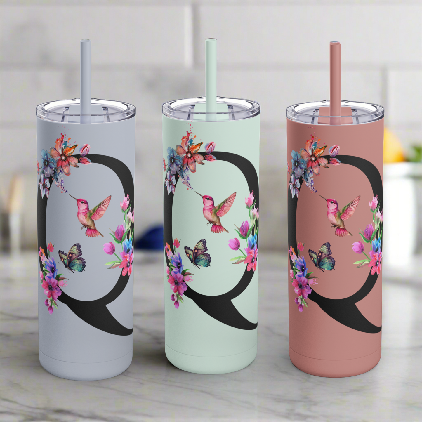 Monogram Floral Personalized Skinny Tumbler, 20oz with Hummingbird & Initial, Custom Drinkware, Gift for Her, Birthday, Bridal Shower, Summer