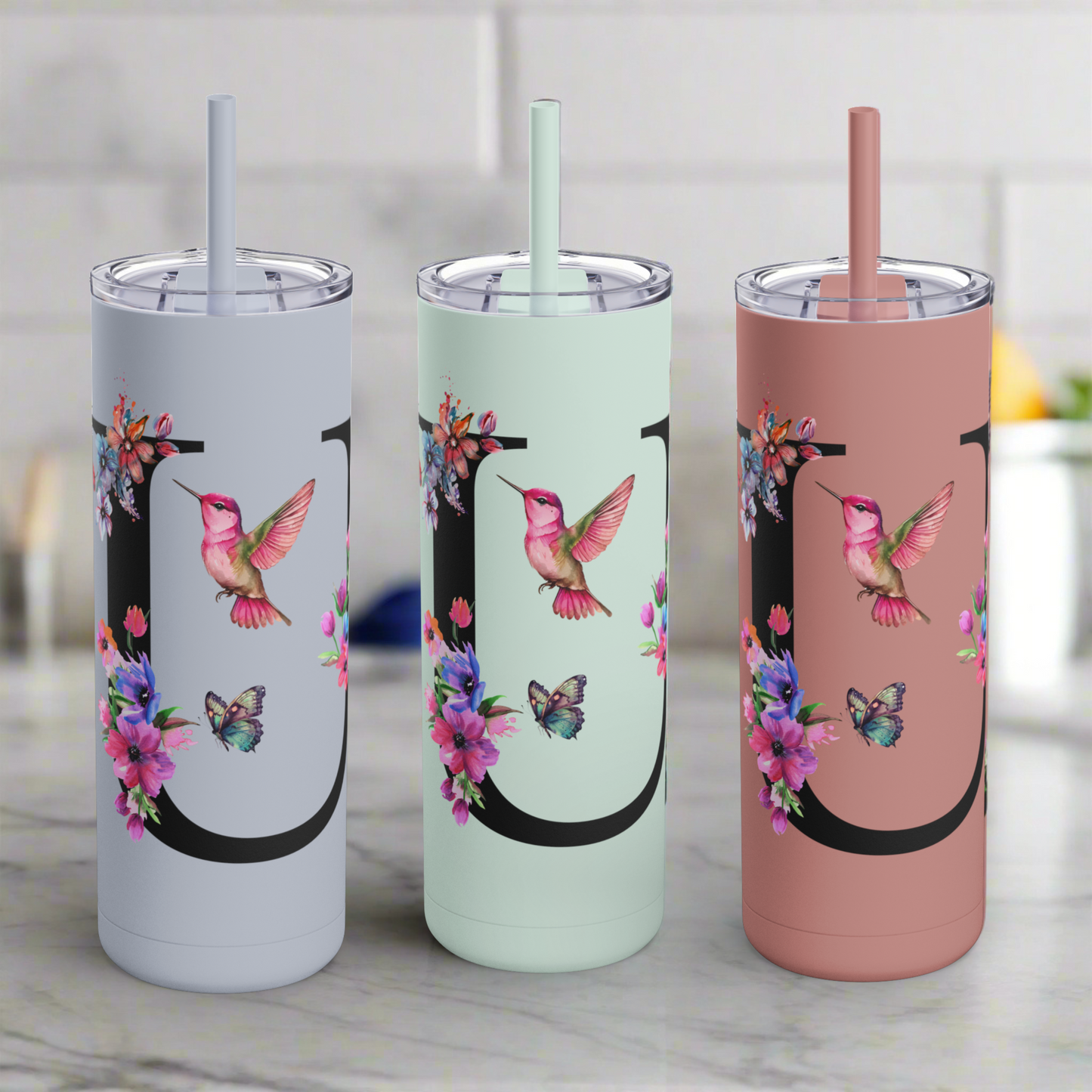 Monogram Floral Personalized Skinny Tumbler, 20oz with Hummingbird & Initial, Custom Drinkware, Gift for Her, Birthday, Bridal Shower, Summer