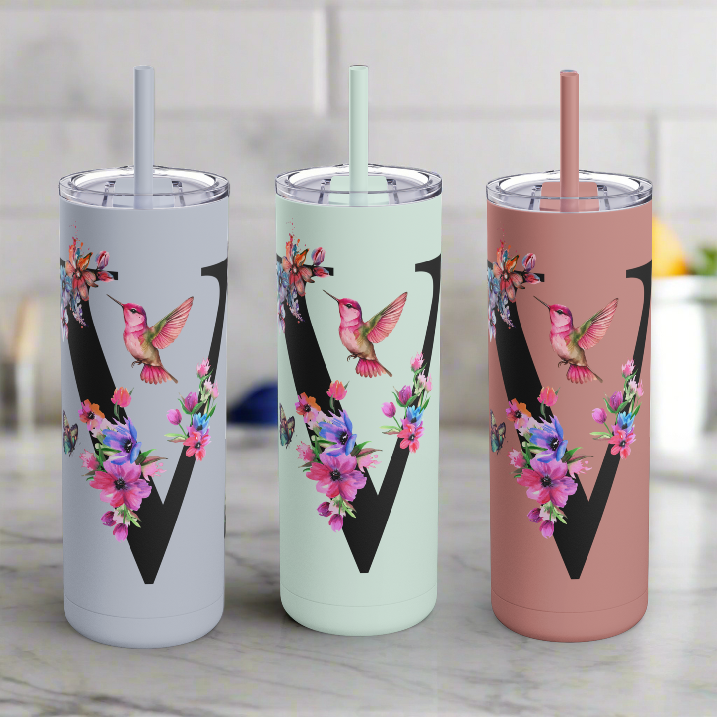 Monogram Floral Personalized Skinny Tumbler, 20oz with Hummingbird & Initial, Custom Drinkware, Gift for Her, Birthday, Bridal Shower, Summer
