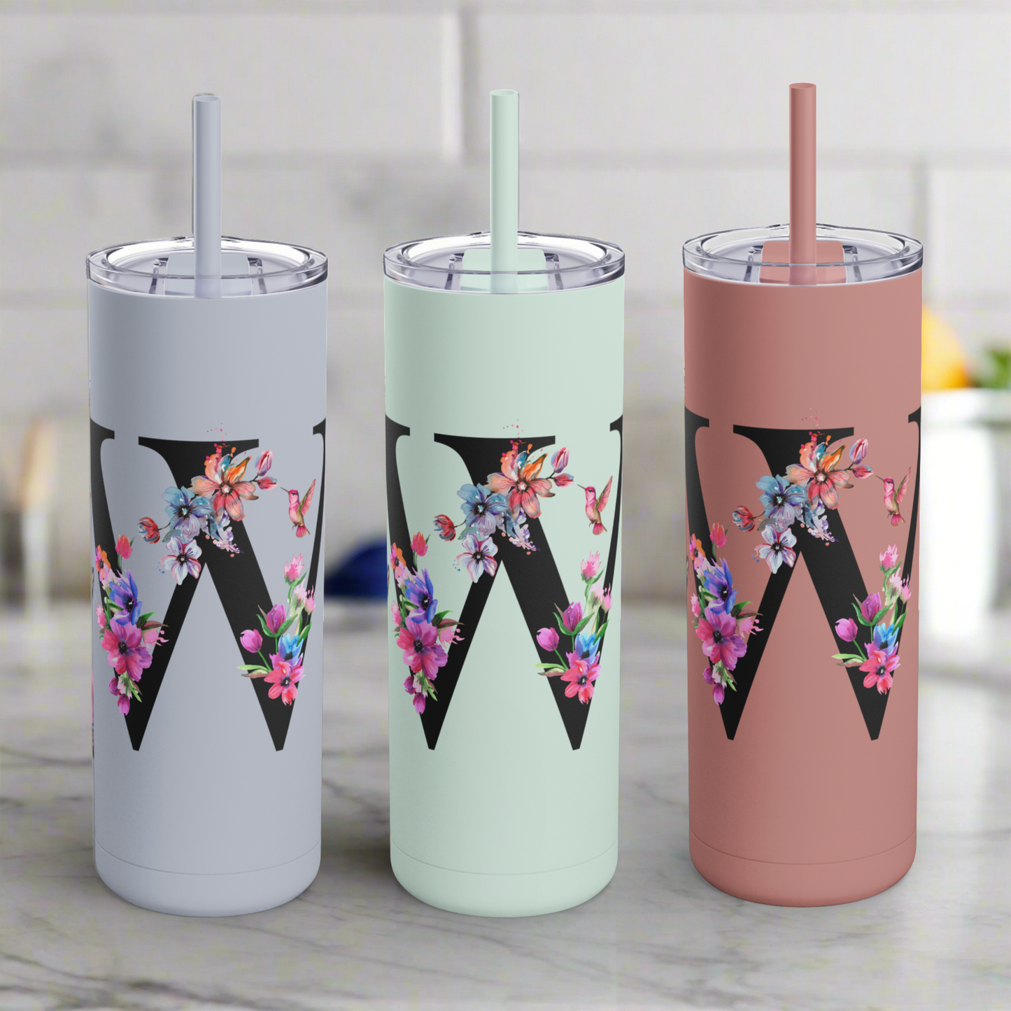 Monogram Floral Personalized Skinny Tumbler, 20oz with Hummingbird & Initial, Custom Drinkware, Gift for Her, Birthday, Bridal Shower, Summer