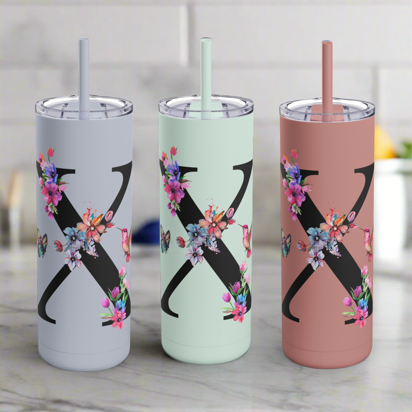 Monogram Floral Personalized Skinny Tumbler, 20oz with Hummingbird & Initial, Custom Drinkware, Gift for Her, Birthday, Bridal Shower, Summer