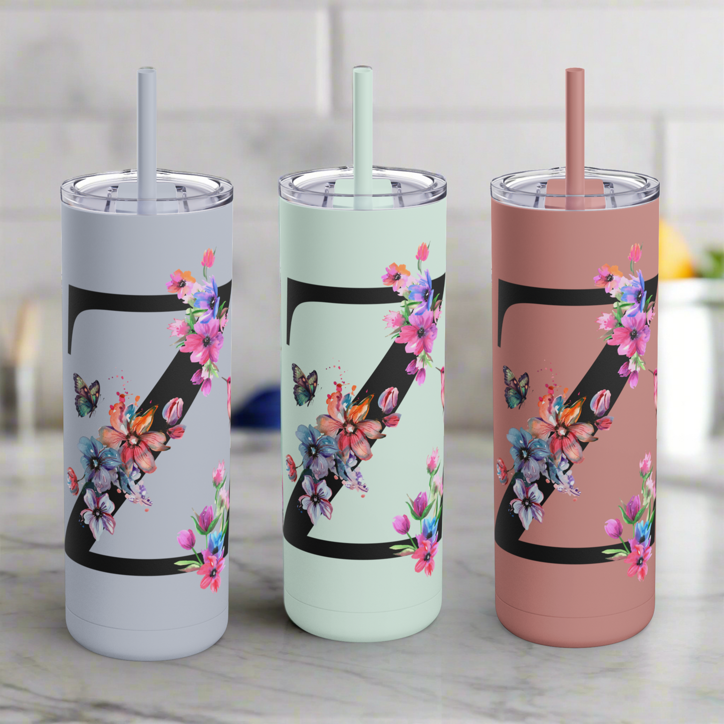 Monogram Floral Personalized Skinny Tumbler, 20oz with Hummingbird & Initial, Custom Drinkware, Gift for Her, Birthday, Bridal Shower, Summer