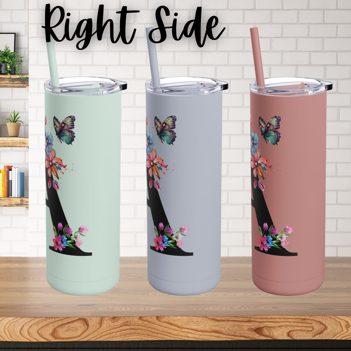 Monogram Floral Personalized Skinny Tumbler, 20oz with Hummingbird & Initial, Custom Drinkware, Gift for Her, Birthday, Bridal Shower, Summer