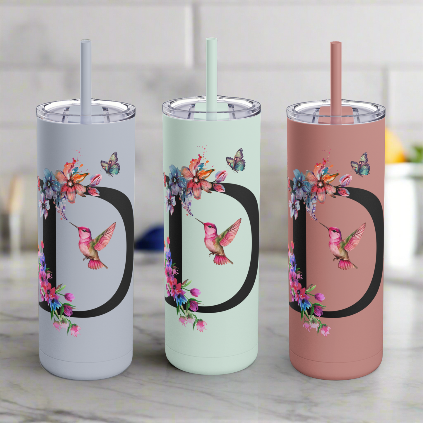 Monogram Floral Personalized Skinny Tumbler, 20oz with Hummingbird & Initial, Custom Drinkware, Gift for Her, Birthday, Bridal Shower, Summer