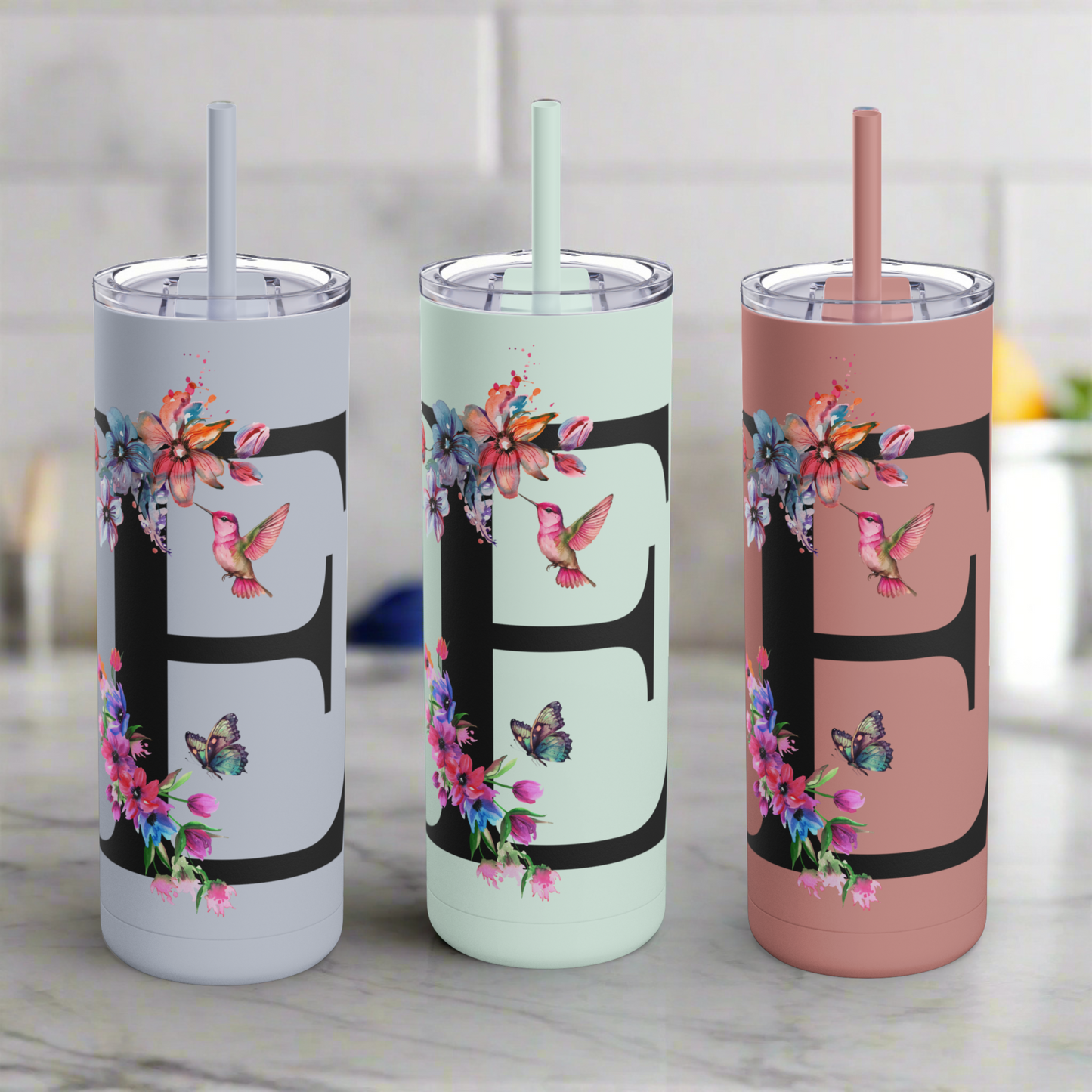 Monogram Floral Personalized Skinny Tumbler, 20oz with Hummingbird & Initial, Custom Drinkware, Gift for Her, Birthday, Bridal Shower, Summer