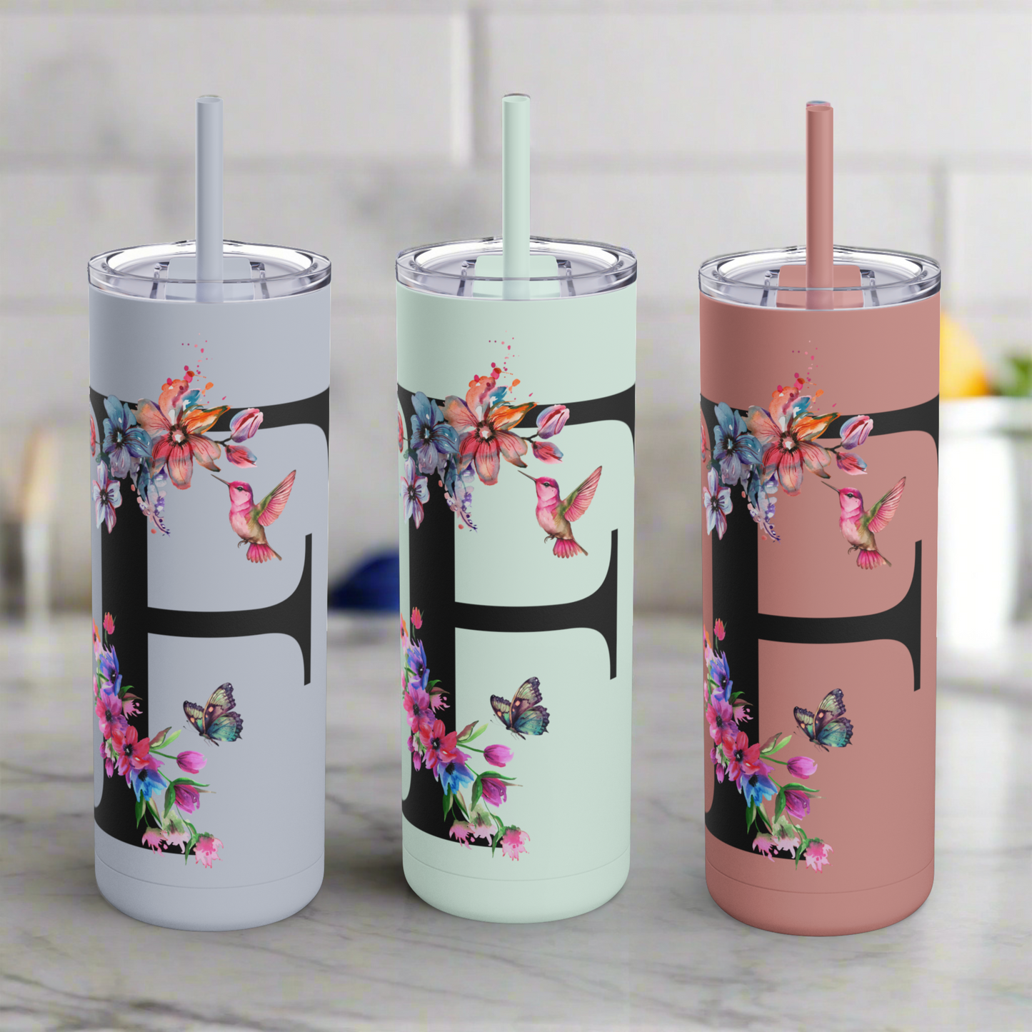 Monogram Floral Personalized Skinny Tumbler, 20oz with Hummingbird & Initial, Custom Drinkware, Gift for Her, Birthday, Bridal Shower, Summer