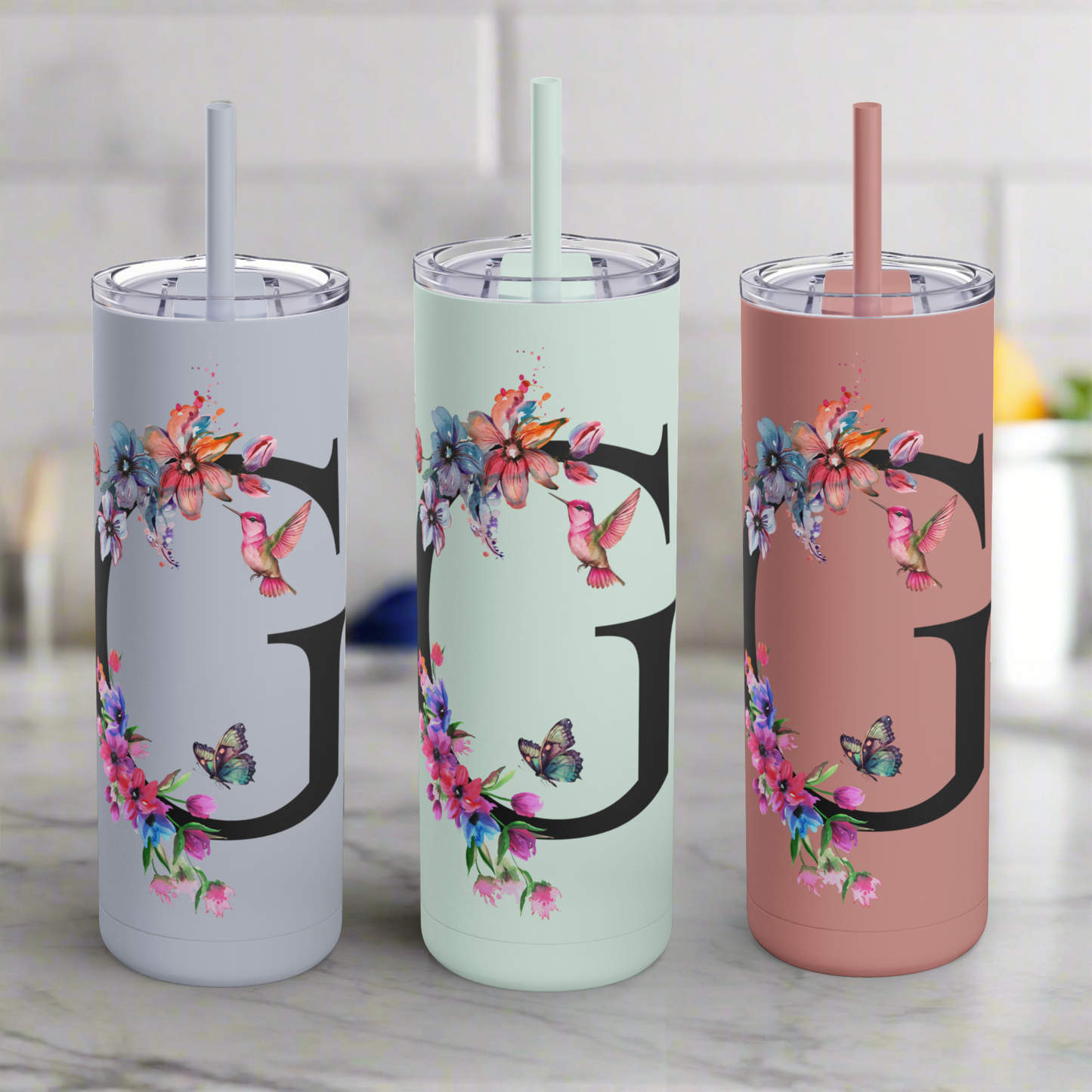 Monogram Floral Personalized Skinny Tumbler, 20oz with Hummingbird & Initial, Custom Drinkware, Gift for Her, Birthday, Bridal Shower, Summer