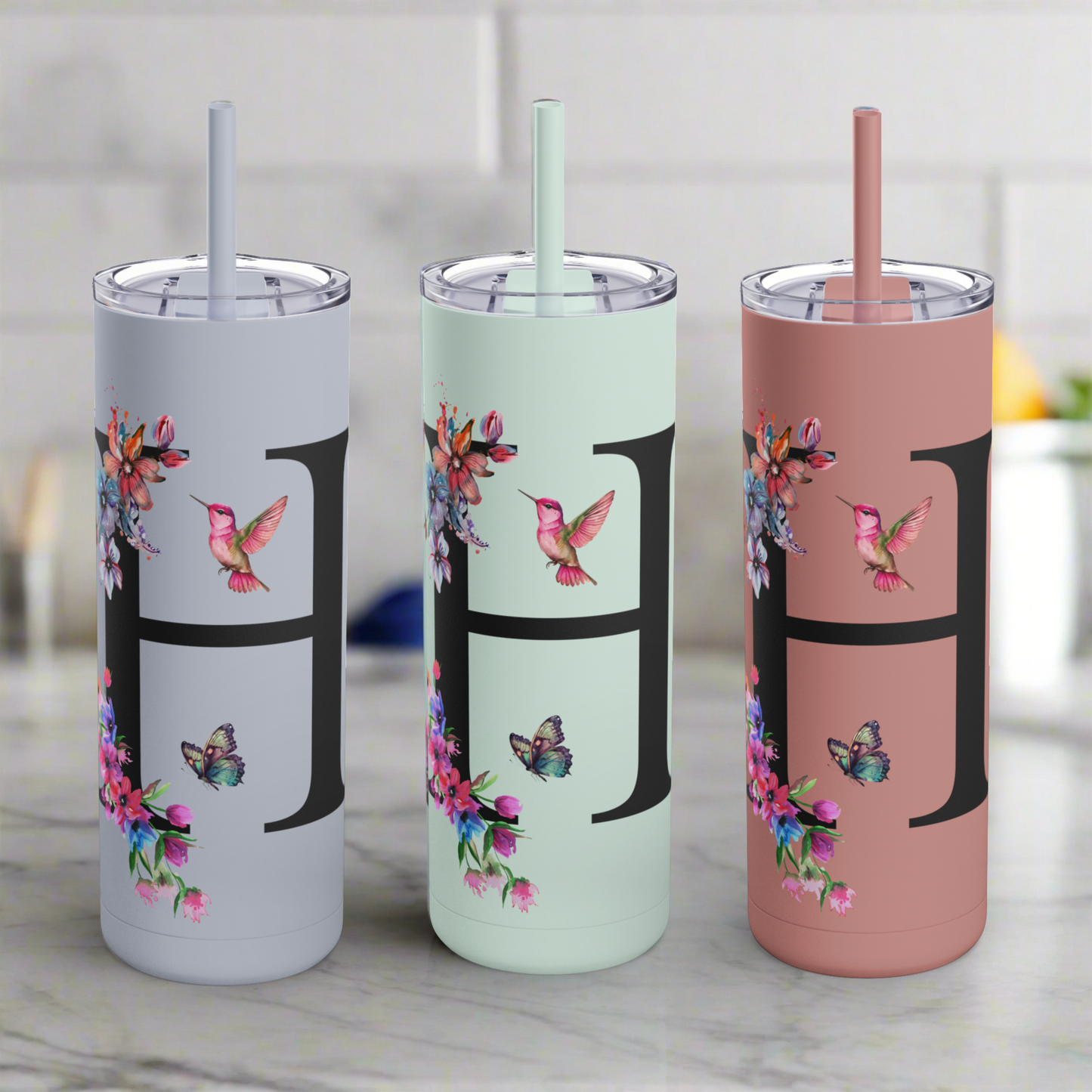 Monogram Floral Personalized Skinny Tumbler, 20oz with Hummingbird & Initial, Custom Drinkware, Gift for Her, Birthday, Bridal Shower, Summer