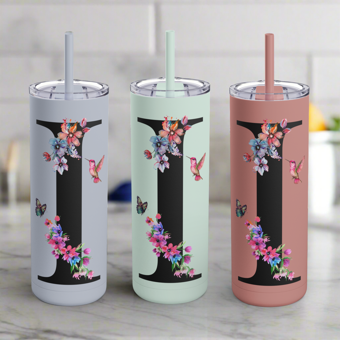 Monogram Floral Personalized Skinny Tumbler, 20oz with Hummingbird & Initial, Custom Drinkware, Gift for Her, Birthday, Bridal Shower, Summer